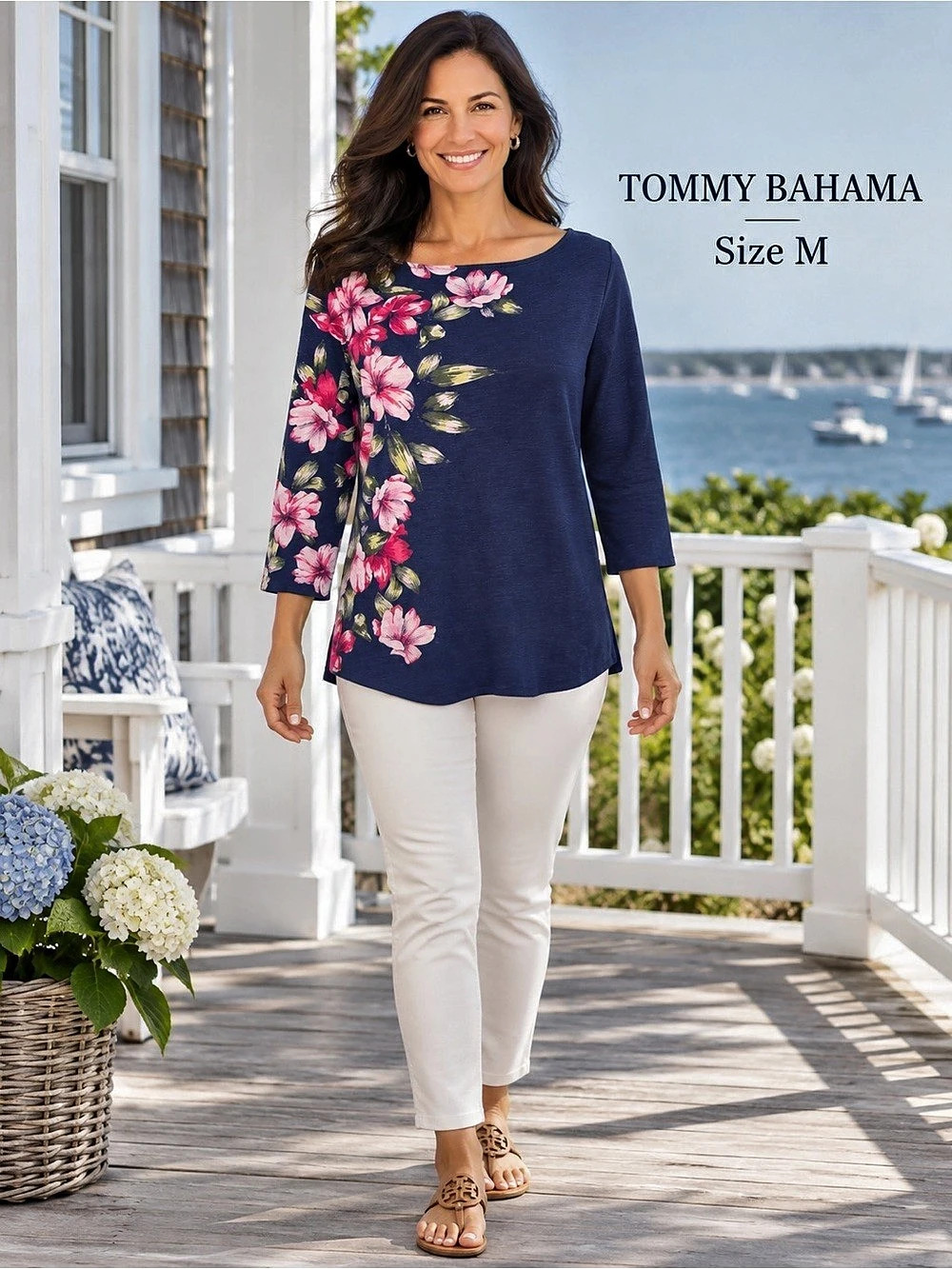 Tommy Bahama Navy Pink Floral 3/4 Sleeve Cotton Top Size M